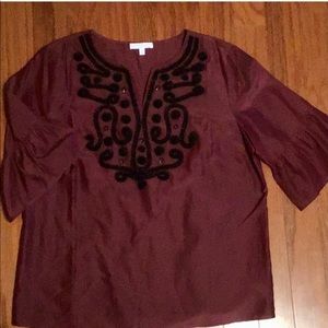 Talbots blouse in aubergine/cranberry color with black embroidery, 3/4 length.